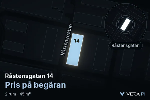 VERA PI:s bild av Råstensgatan 14: huset i 3D, upplyst i blått, och kartan runt omkring