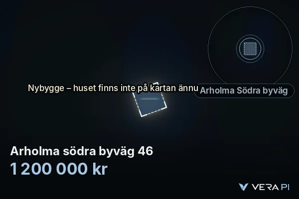 VERA PI's image of Arholma södra byväg 46: the building in 3D, lit in blue, and the map around it