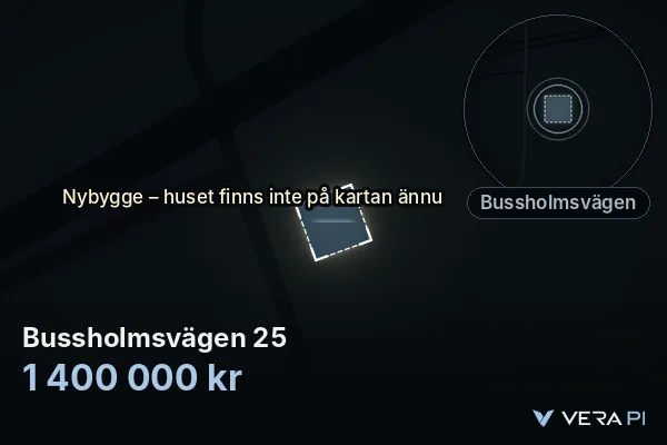 VERA PI's image of Bussholmsvägen 25: the building in 3D, lit in blue, and the map around it