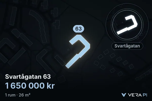 VERA PI:s bild av Svartågatan 63: huset i 3D, upplyst i blått, och kartan runt omkring