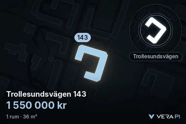 VERA PI:s bild av Trollesundsvägen 143: huset i 3D, upplyst i blått, och kartan runt omkring