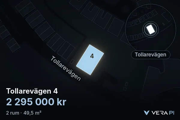 VERA PI:s bild av Tollarevägen 4: huset i 3D, upplyst i blått, och kartan runt omkring