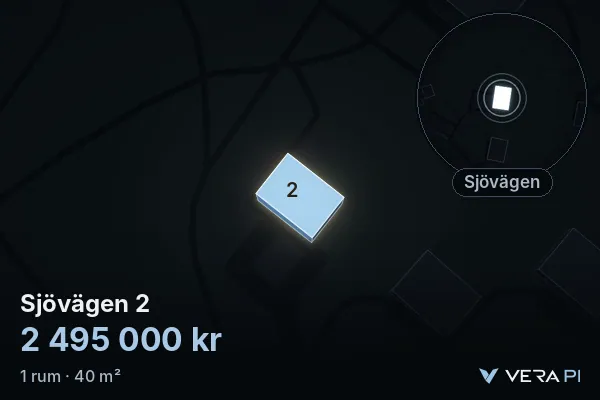 VERA PI's image of Sjövägen 2: the building in 3D, lit in blue, and the map around it