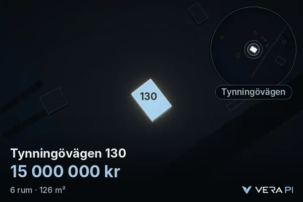 VERA PI's image of Tynningövägen 130: the building in 3D, lit in blue, and the map around it