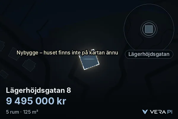 VERA PI's image of Lägerhöjdsgatan 8: the building in 3D, lit in blue, and the map around it