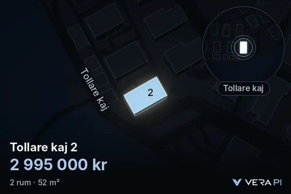 VERA PI:s bild av Tollare kaj 2: huset i 3D, upplyst i blått, och kartan runt omkring