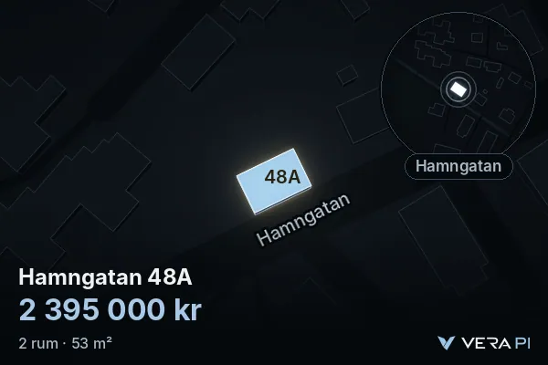 VERA PI's image of Hamngatan 48A: the building in 3D, lit in blue, and the map around it