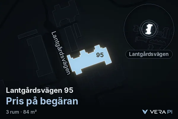 VERA PI's image of Lantgårdsvägen 95: the building in 3D, lit in blue, and the map around it