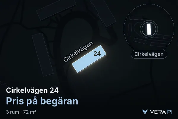 VERA PI's image of Cirkelvägen 24: the building in 3D, lit in blue, and the map around it