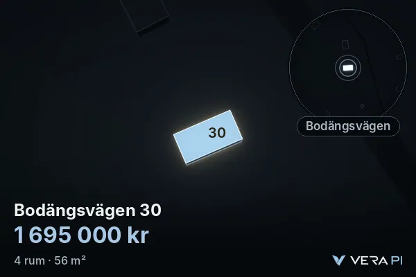 VERA PI's image of Bodängsvägen 30: the building in 3D, lit in blue, and the map around it