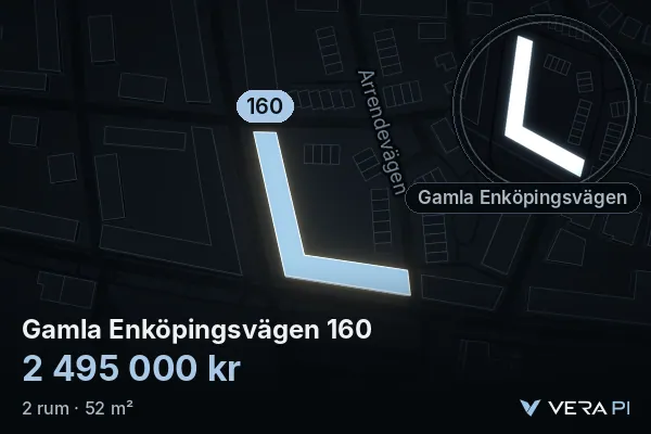 VERA PI:s bild av Gamla Enköpingsvägen 160: huset i 3D, upplyst i blått, och kartan runt omkring
