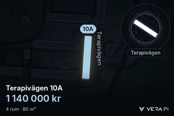 VERA PI:s bild av Terapivägen 10A: huset i 3D, upplyst i blått, och kartan runt omkring