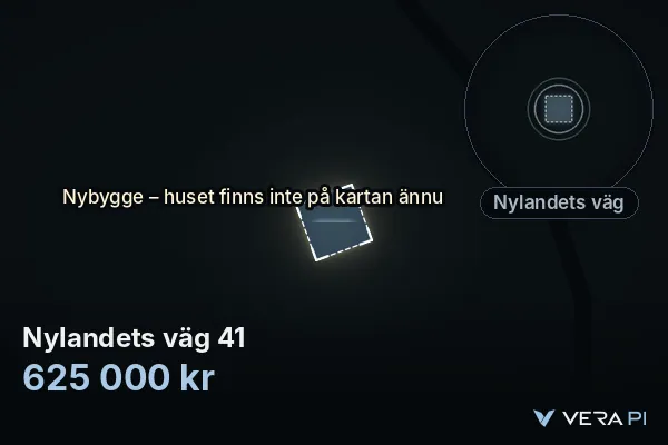 VERA PI:s bild av Nylandets väg 41: huset i 3D, upplyst i blått, och kartan runt omkring