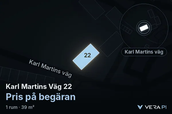VERA PI's image of Karl Martins Väg 22: the building in 3D, lit in blue, and the map around it