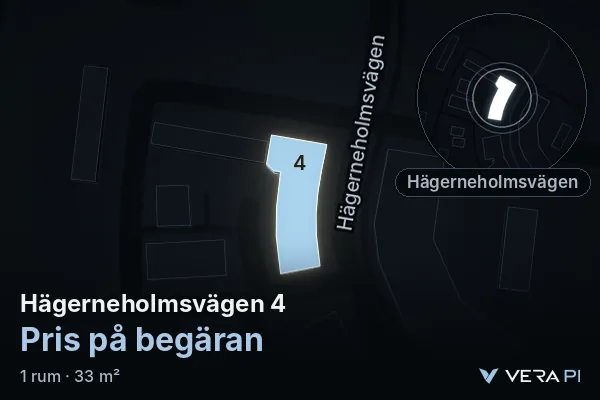 VERA PI's image of Hägerneholmsvägen 4: the building in 3D, lit in blue, and the map around it