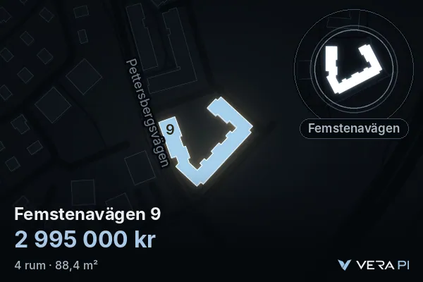 VERA PI:s bild av Femstenavägen 9: huset i 3D, upplyst i blått, och kartan runt omkring