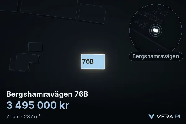 VERA PI's image of Bergshamravägen 76B: the building in 3D, lit in blue, and the map around it