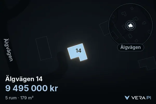 VERA PI:s bild av Älgvägen 14: huset i 3D, upplyst i blått, och kartan runt omkring