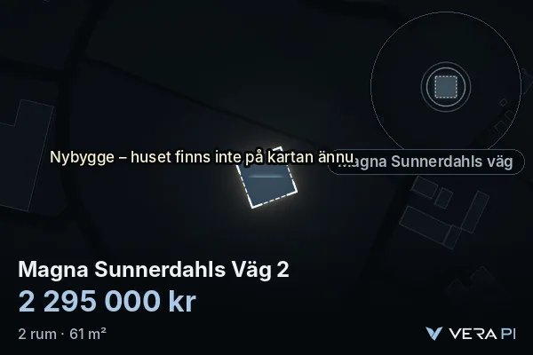 VERA PI:s bild av Magna Sunnerdahls Väg 2: huset i 3D, upplyst i blått, och kartan runt omkring
