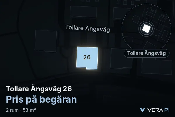 VERA PI:s bild av Tollare Ängsväg 26: huset i 3D, upplyst i blått, och kartan runt omkring
