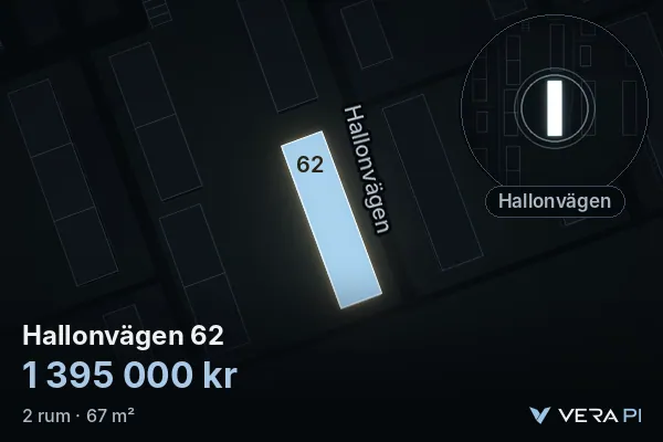 VERA PI:s bild av Hallonvägen 62: huset i 3D, upplyst i blått, och kartan runt omkring