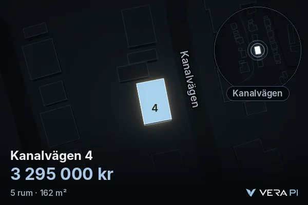 VERA PI's image of Kanalvägen 4: the building in 3D, lit in blue, and the map around it