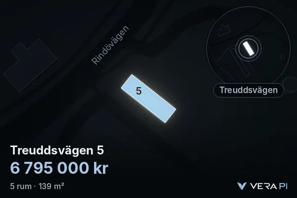 VERA PI:s bild av Treuddsvägen 5: huset i 3D, upplyst i blått, och kartan runt omkring