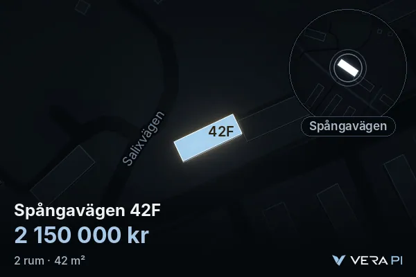 VERA PI:s bild av Spångavägen 42F: huset i 3D, upplyst i blått, och kartan runt omkring