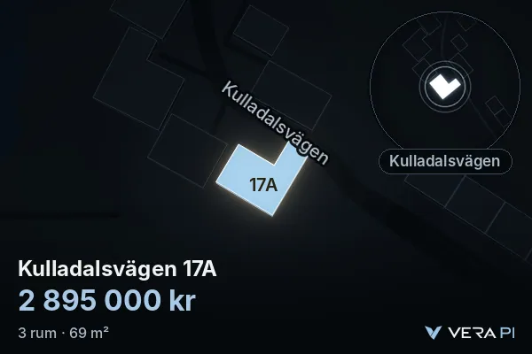 VERA PI's image of Kulladalsvägen 17A: the building in 3D, lit in blue, and the map around it