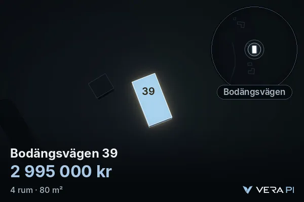 VERA PI's image of Bodängsvägen 39: the building in 3D, lit in blue, and the map around it