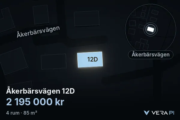 VERA PI's image of Åkerbärsvägen 12D: the building in 3D, lit in blue, and the map around it