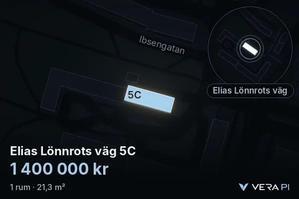 VERA PI:s bild av Elias Lönnrots väg 5C: huset i 3D, upplyst i blått, och kartan runt omkring