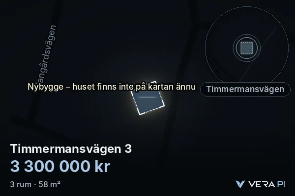 VERA PI:s bild av Timmermansvägen 3: huset i 3D, upplyst i blått, och kartan runt omkring