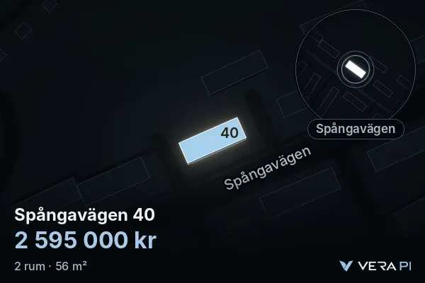 VERA PI:s bild av Spångavägen 40: huset i 3D, upplyst i blått, och kartan runt omkring