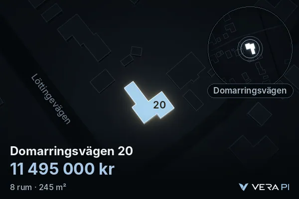 VERA PI:s bild av Domarringsvägen 20: huset i 3D, upplyst i blått, och kartan runt omkring