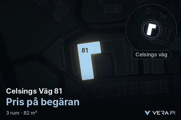 VERA PI's image of Celsings Väg 81: the building in 3D, lit in blue, and the map around it