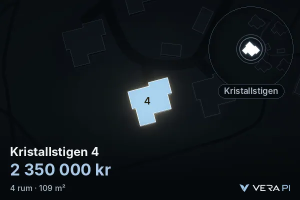 VERA PI:s bild av Kristallstigen 4: huset i 3D, upplyst i blått, och kartan runt omkring