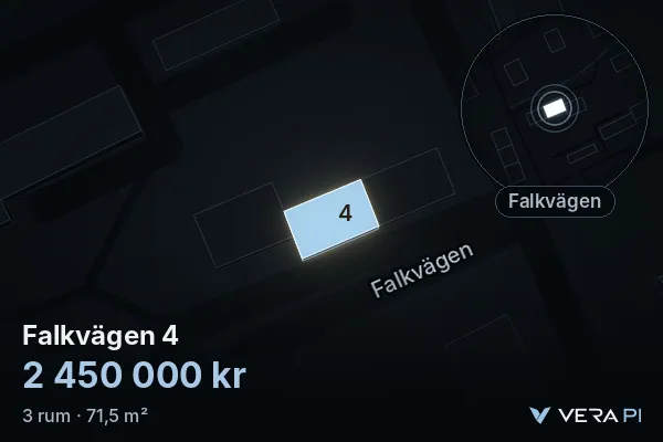 VERA PI:s bild av Falkvägen 4: huset i 3D, upplyst i blått, och kartan runt omkring