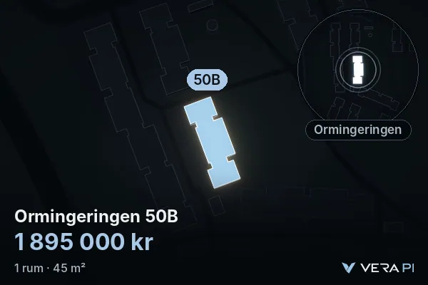 VERA PI:s bild av Ormingeringen 50B: huset i 3D, upplyst i blått, och kartan runt omkring