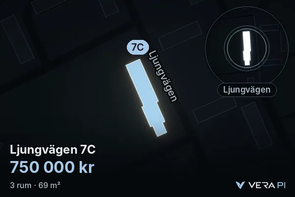 VERA PI:s bild av Ljungvägen 7C: huset i 3D, upplyst i blått, och kartan runt omkring