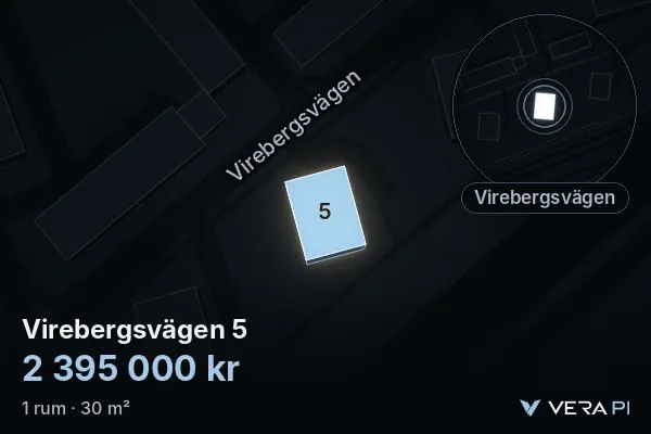 VERA PI's image of Virebergsvägen 5: the building in 3D, lit in blue, and the map around it