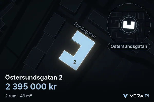 VERA PI:s bild av Östersundsgatan 2: huset i 3D, upplyst i blått, och kartan runt omkring