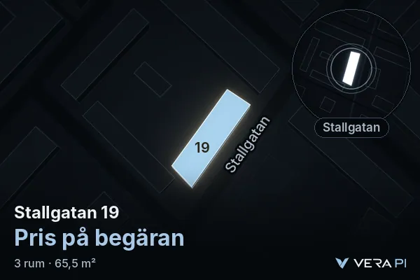 VERA PI's image of Stallgatan 19: the building in 3D, lit in blue, and the map around it