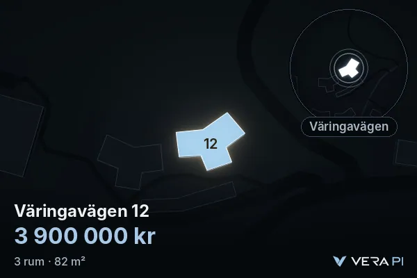 VERA PI:s bild av Väringavägen 12: huset i 3D, upplyst i blått, och kartan runt omkring