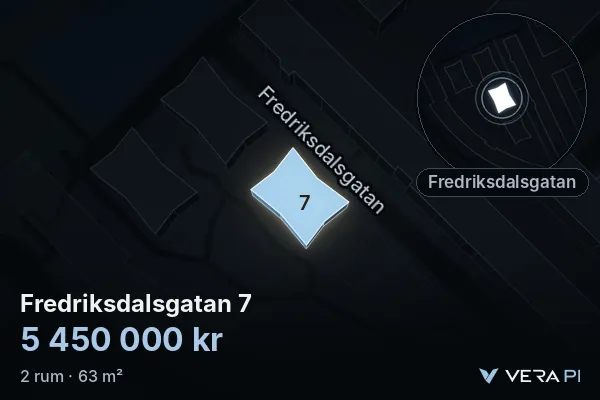 VERA PI:s bild av Fredriksdalsgatan 7: huset i 3D, upplyst i blått, och kartan runt omkring