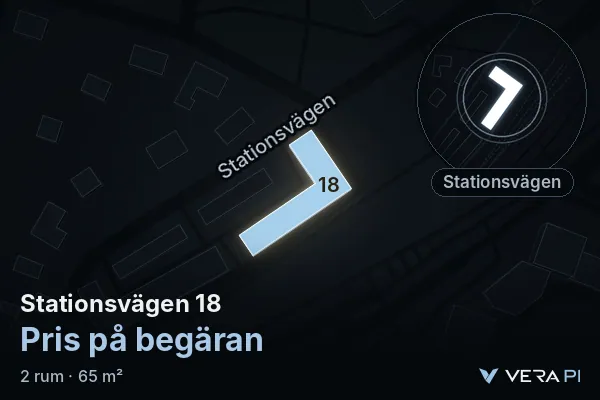 VERA PI's image of Stationsvägen 18: the building in 3D, lit in blue, and the map around it