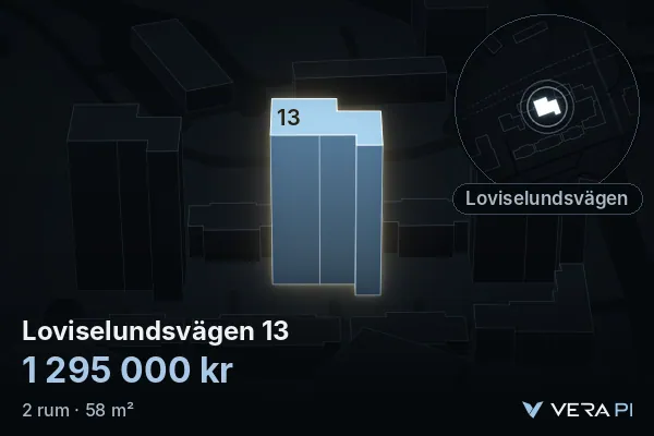 VERA PI:s bild av Loviselundsvägen 13: huset i 3D, upplyst i blått, och kartan runt omkring