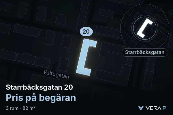VERA PI:s bild av Starrbäcksgatan 20: huset i 3D, upplyst i blått, och kartan runt omkring