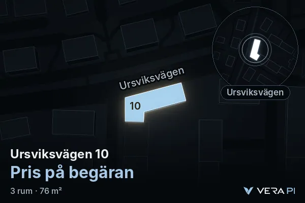 VERA PI:s bild av Ursviksvägen 10: huset i 3D, upplyst i blått, och kartan runt omkring
