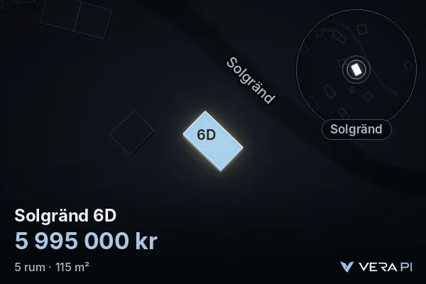VERA PI:s bild av Solgränd 6D: huset i 3D, upplyst i blått, och kartan runt omkring
